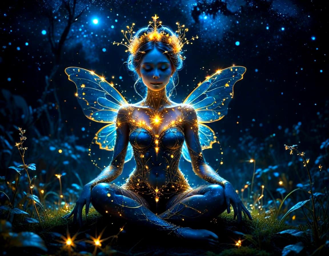 Ethereal Fairy with Glowing Tiara in Starry Night Sky