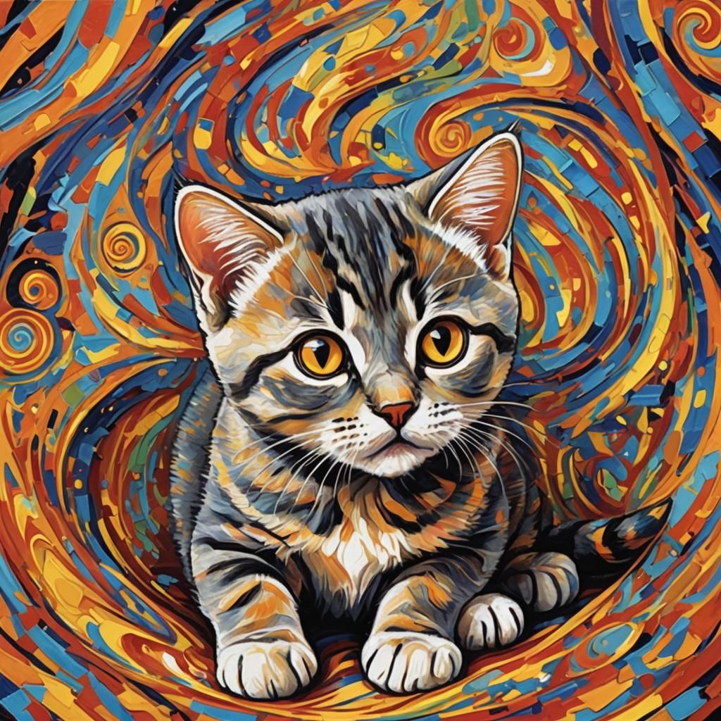Fauvist Kitten with Spiraling Strokes and Amber Eyes