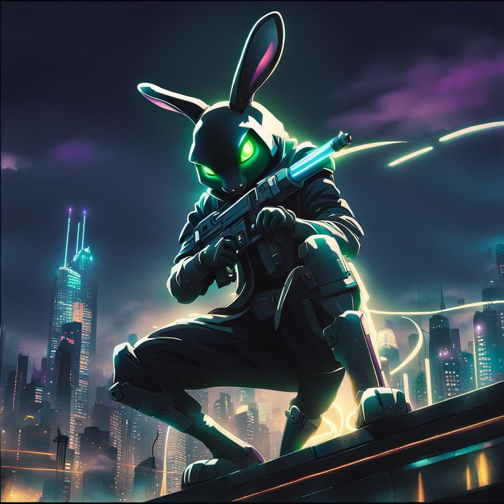 Bionic Rabbit in Golden Armor, Biopunk Digital Art