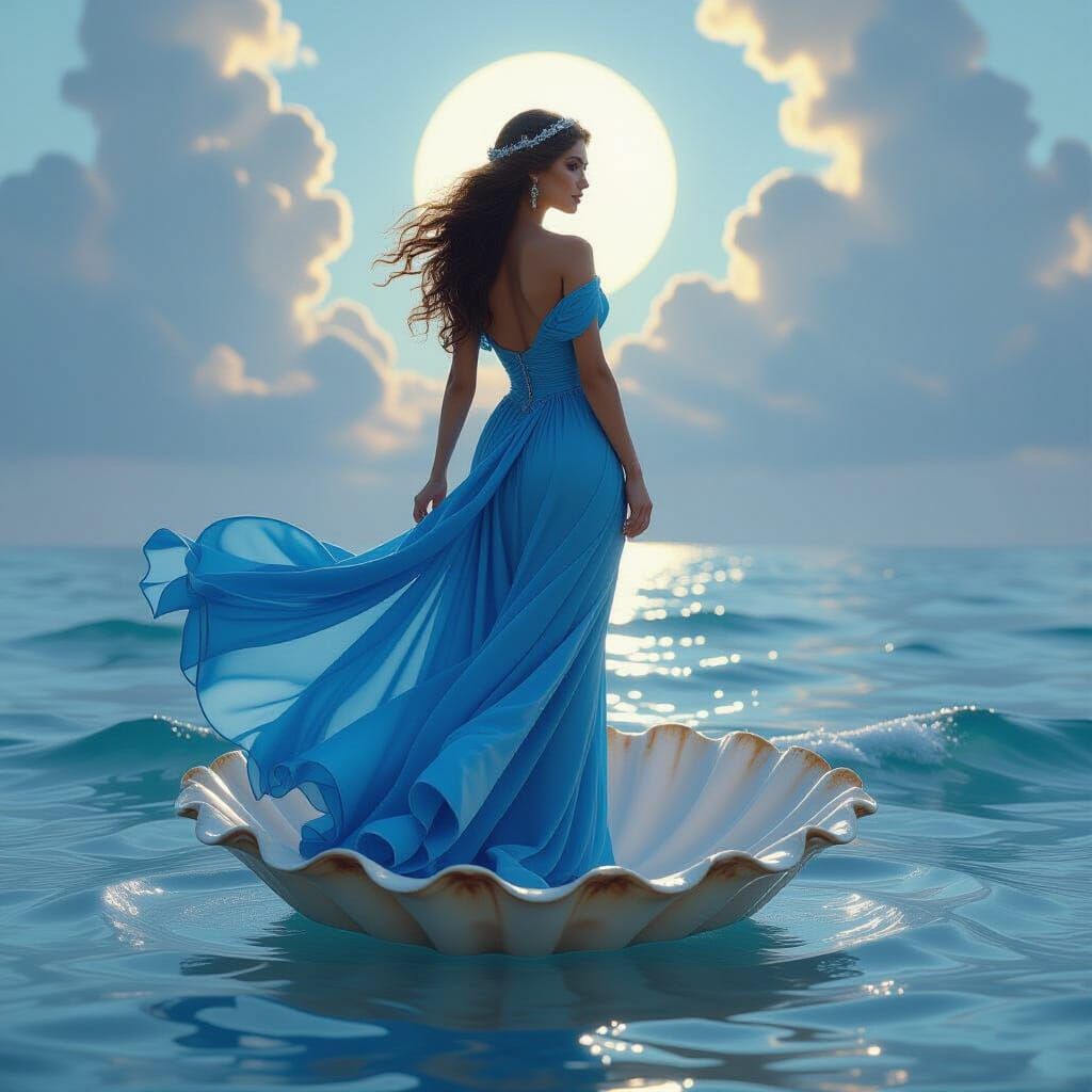 Greek Goddess on Seashell in Blue Dress - Fantasy Art