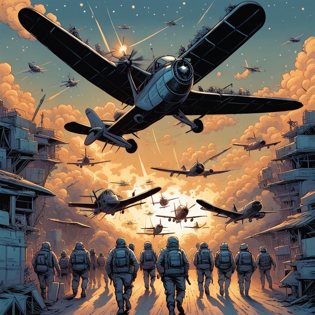 Cat Army Flying Airplanes in Comic Book Style
