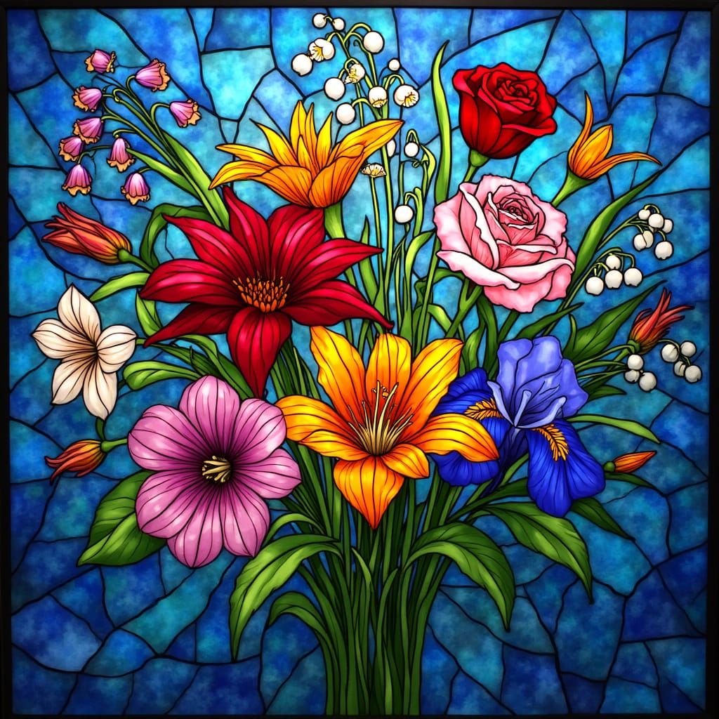Stunning Stained Glass Bouquet with Vibrant Flowers on Blue ...