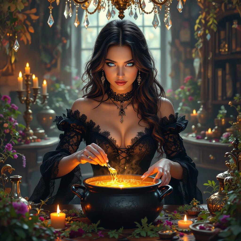 Enchanting Witch Brews Potion in Opulent Mansion