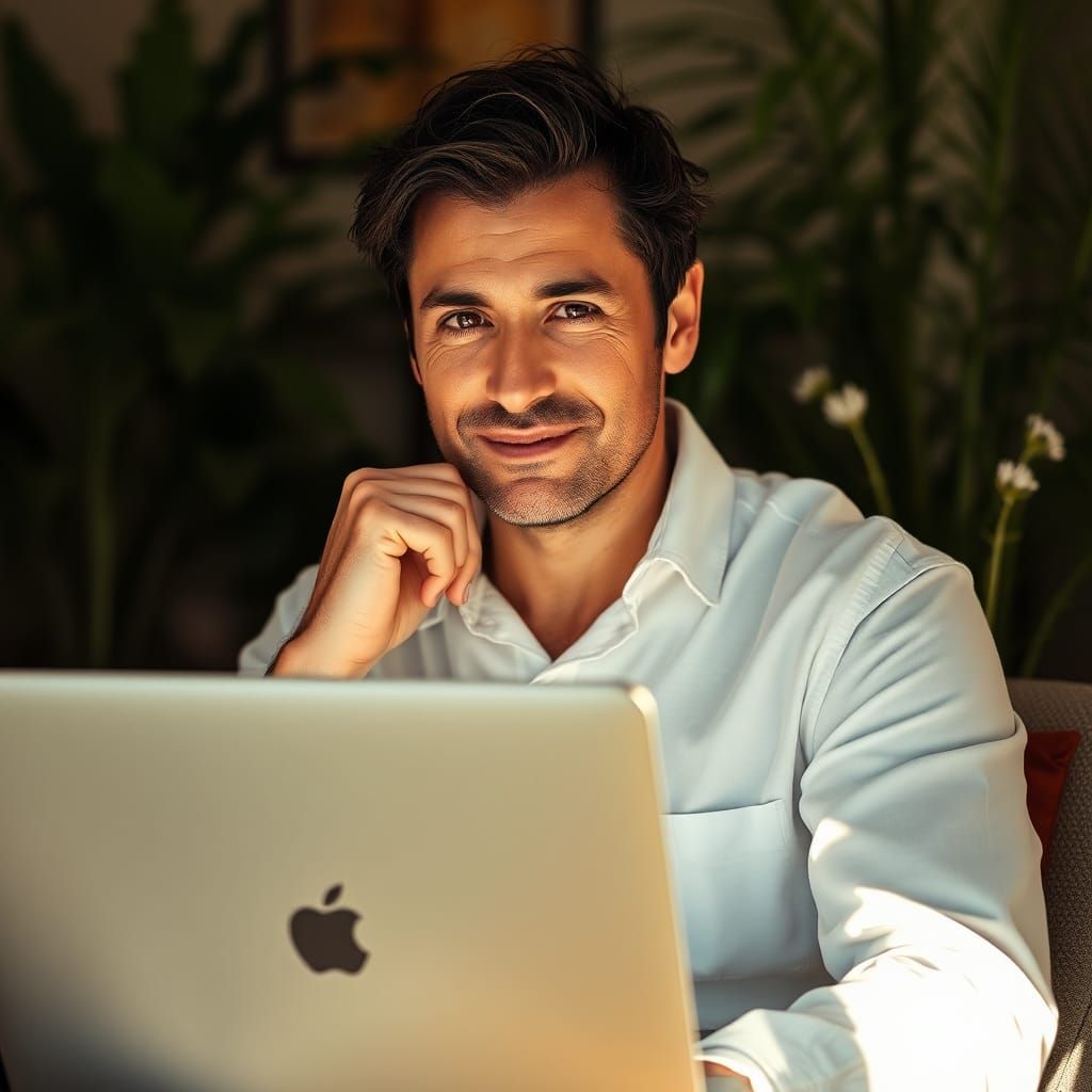 Man Contemplating Laptop in Sun-Drenched Room