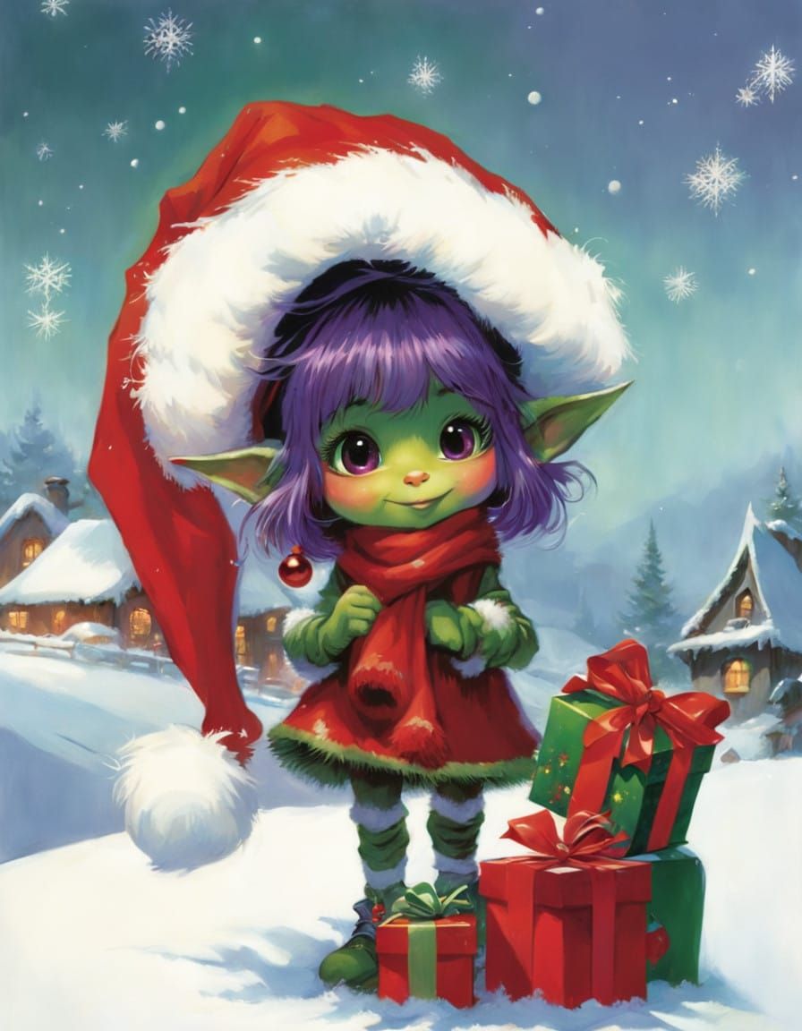 Whimsical Christmas Goblin in Festive Village Scene