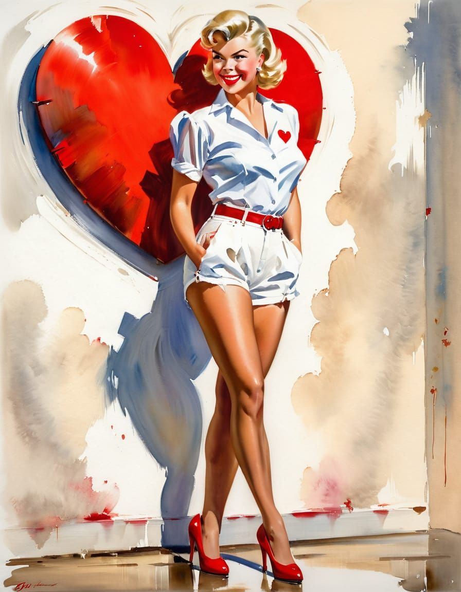 Retro Impressionist Watercolor of Doris Day in Red Heart Set...