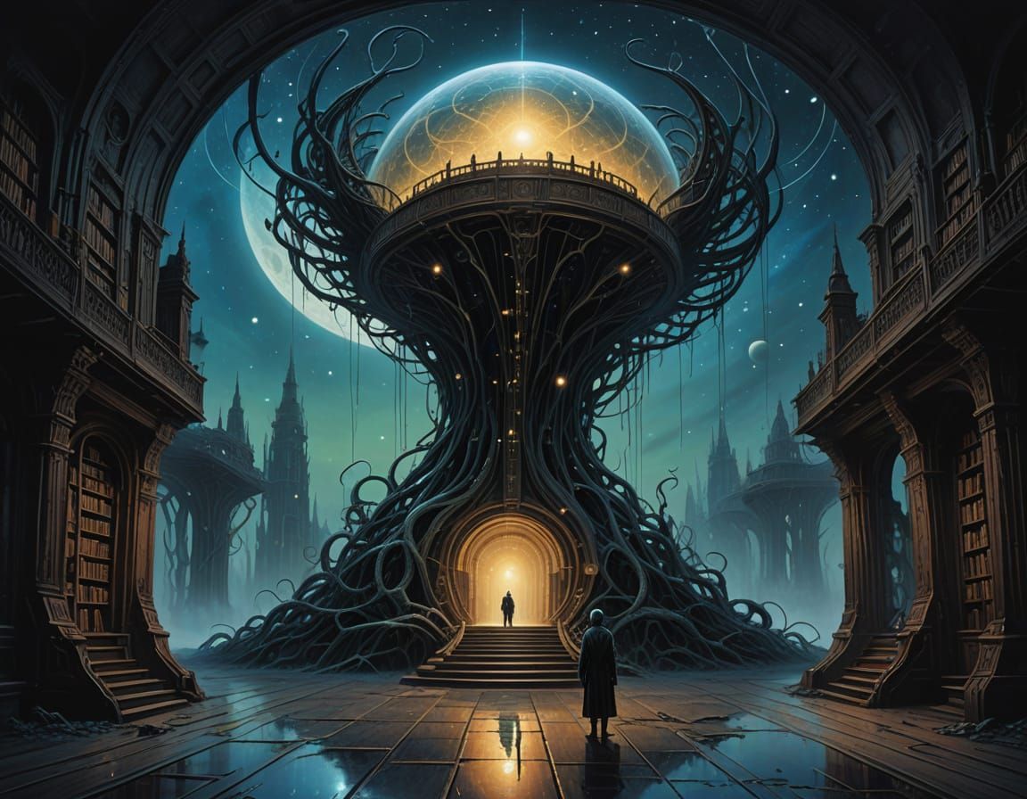 Ethereal Cosmic Library Unfurls into Starry Expanse