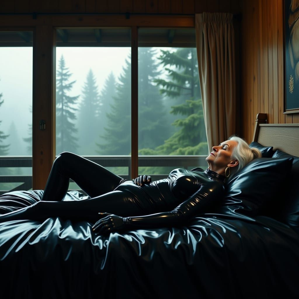 Sleek PVC Bodysuit: Woman Sleeping in Futuristic Bedroom