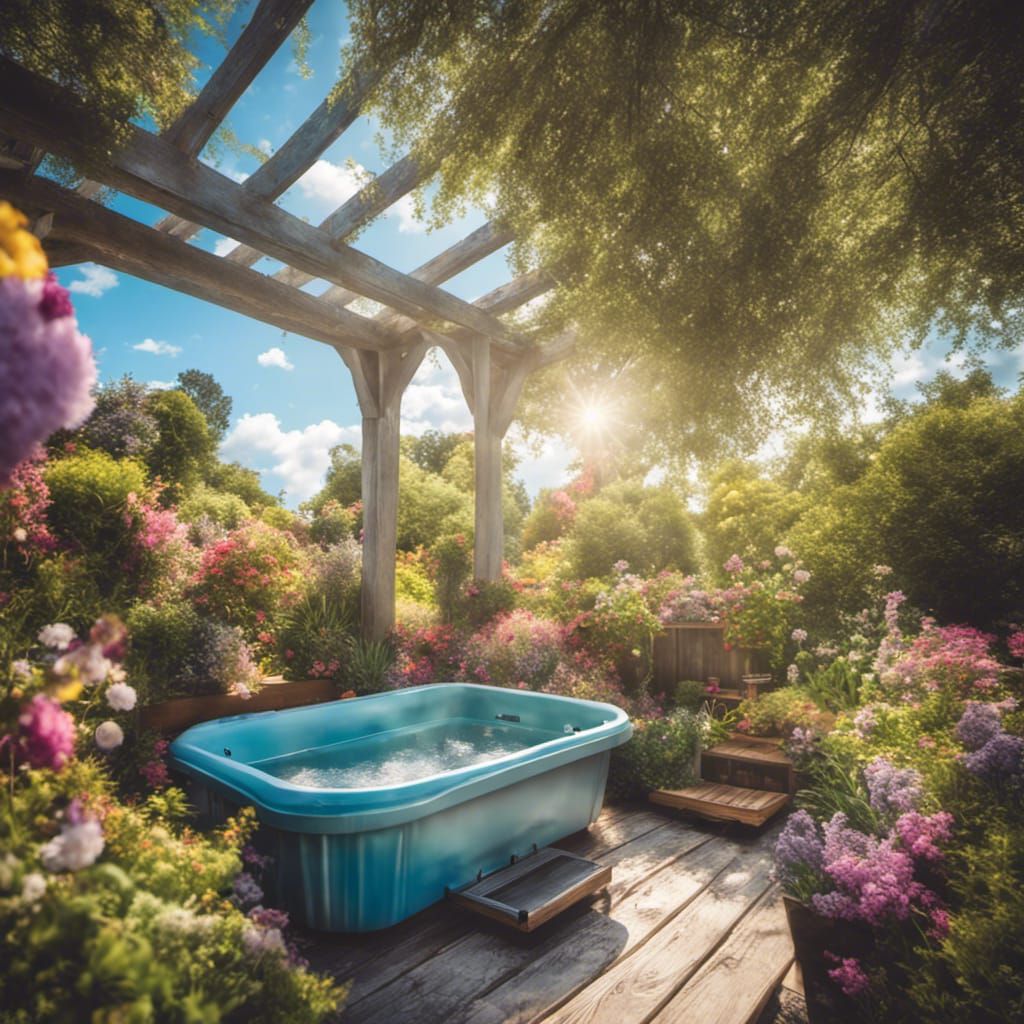 Sunlit Garden Paradise with Wooden Hot Tub