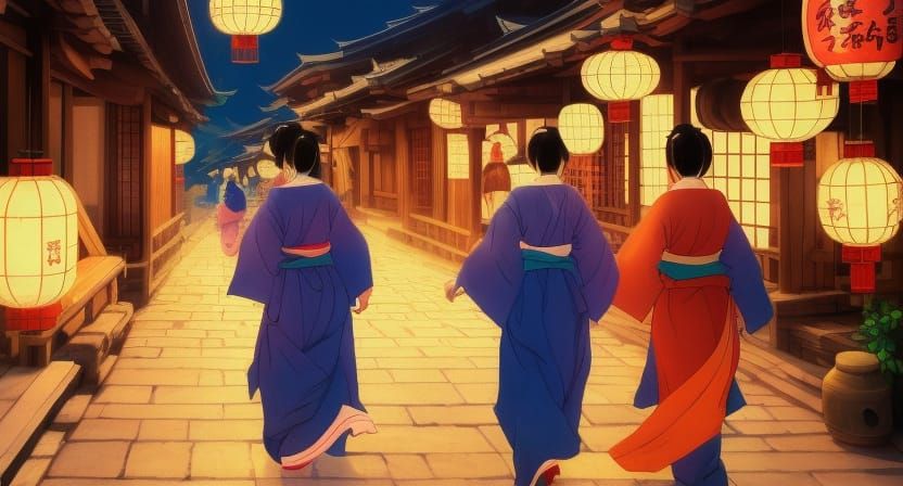 Geishas in Bustling Japanese Village, Anime Style