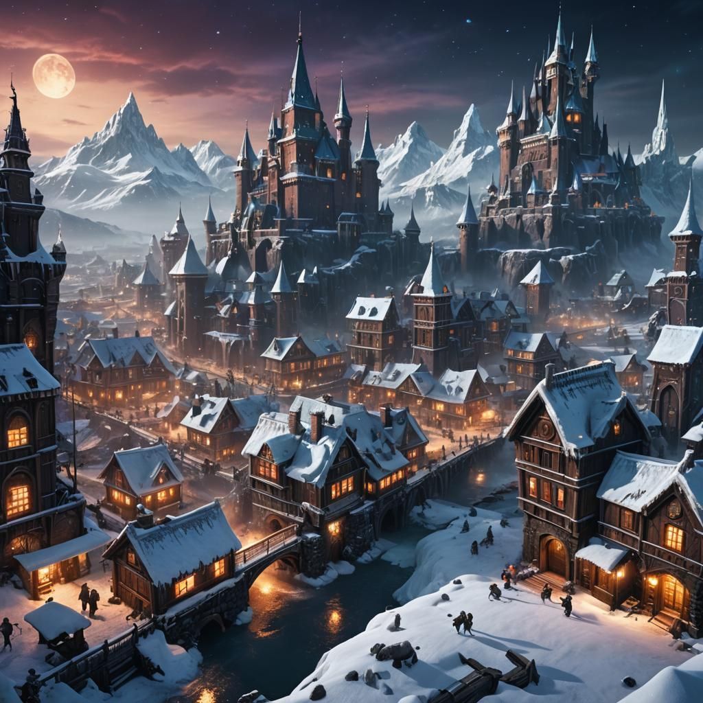 Frozen City Night Conquest: Detailed Matte Painting