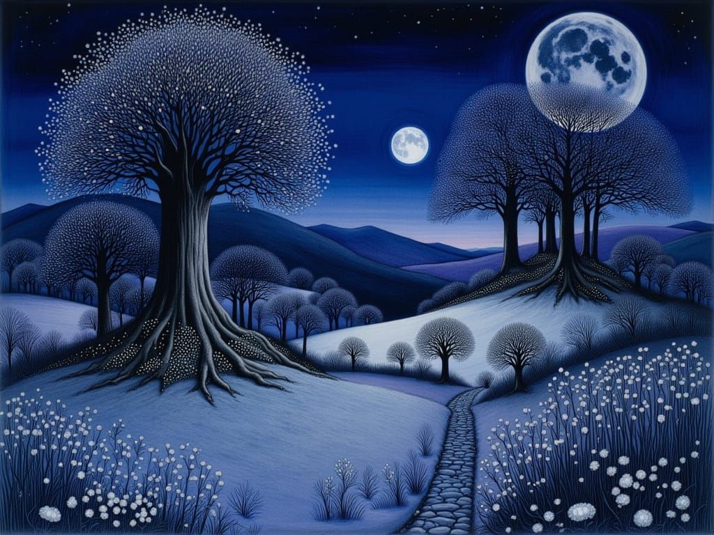 Dreamy Nocturnal Landscape in Deep Blues and Violets