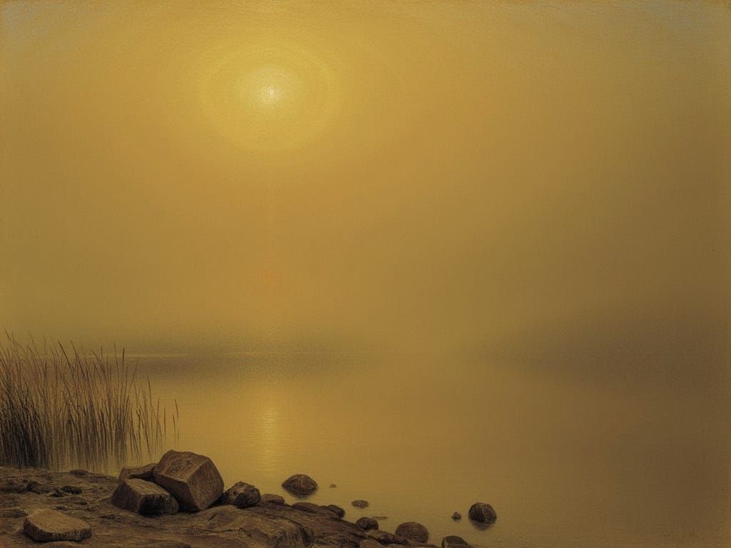 Golden Haze Lakeshore Painting in Whistler Style