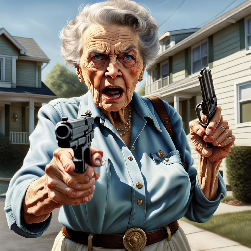 Angry Woman with Gun in Rockwell Style