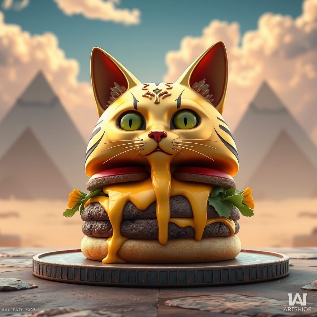Egyptian Cat Burger with Pyramids in 3D Anime Art