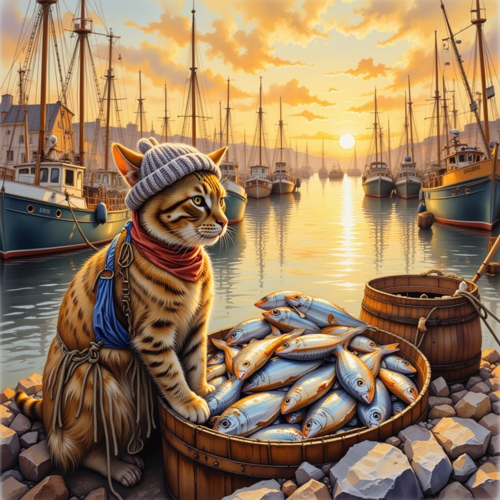 Cat in Fishing Harbour at Sunrise with Silvery Fish