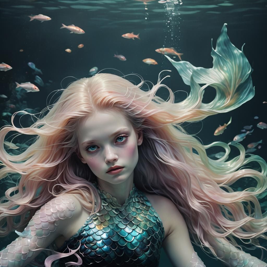 Surreal Mermaid in Dark Water, Soft Pastel Hues