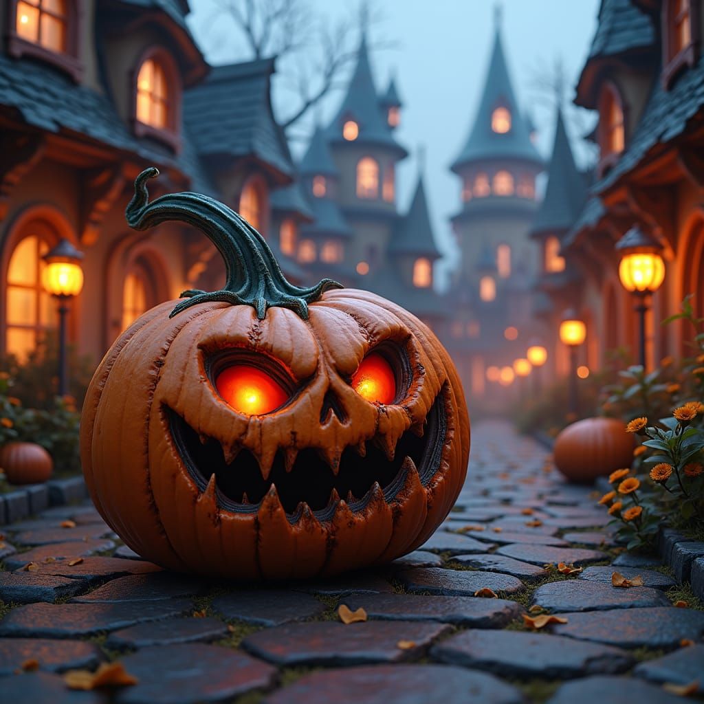 Grotesque Halloween Pumpkin in Fantastical Pumpkin Town
