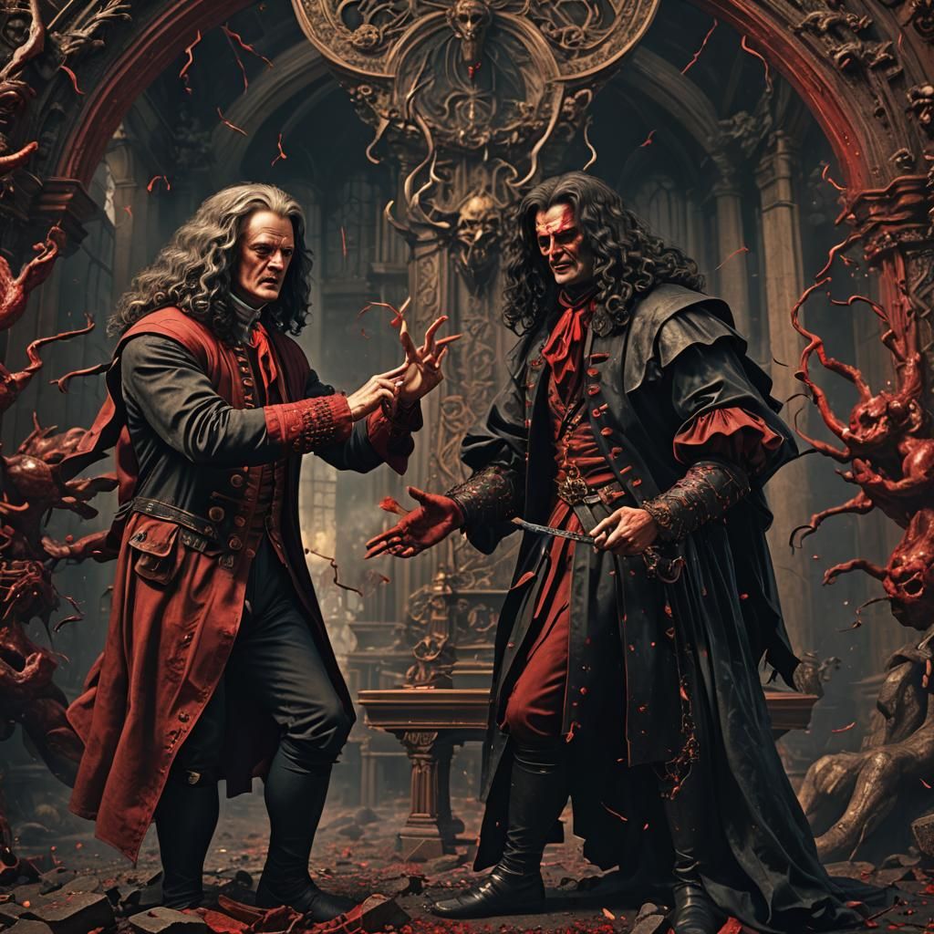 Satanic Isaac Newton and Gottfried Wilhelm von Leibniz arguing