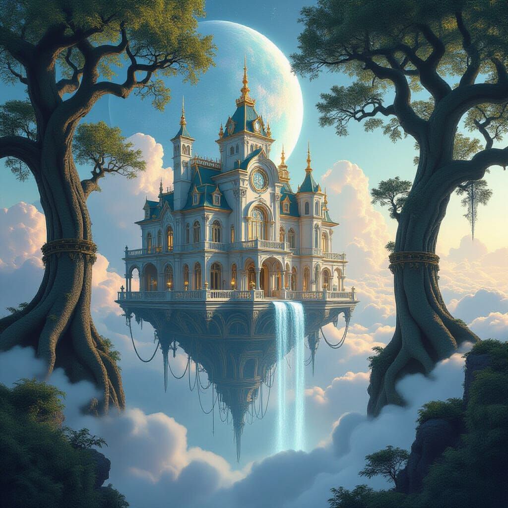 Ethereal Mansion Floats Among Clouds Tethered by Light Chain...