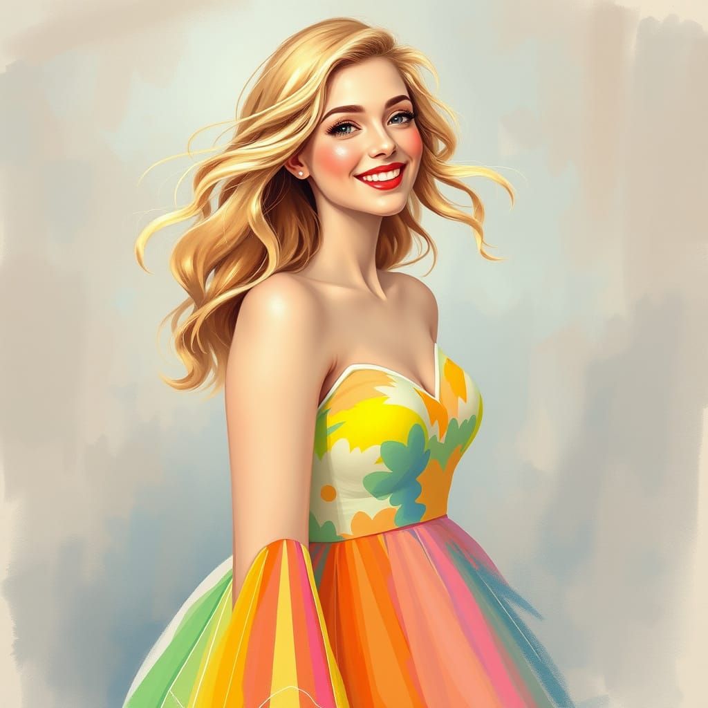 Ethereal European Woman in Pastel Rainbow Dress