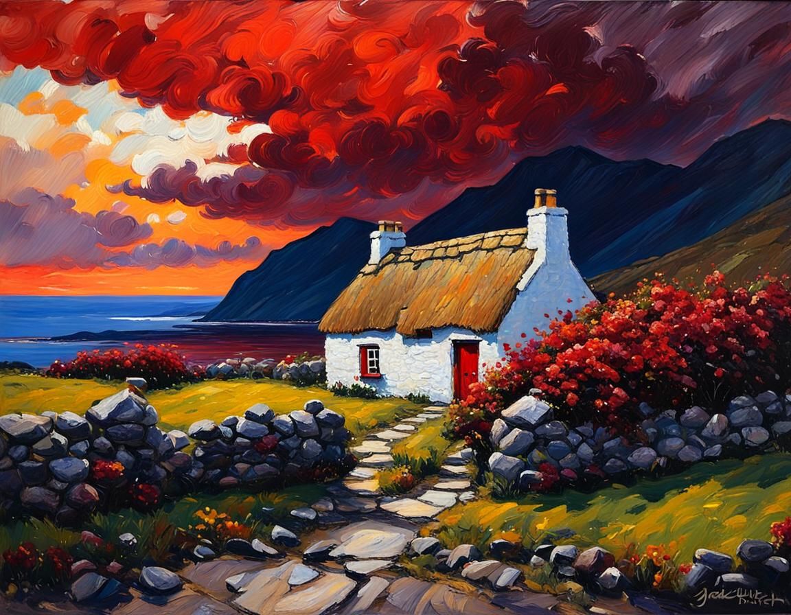 Irish Coastal Cottage in Impressionist Style