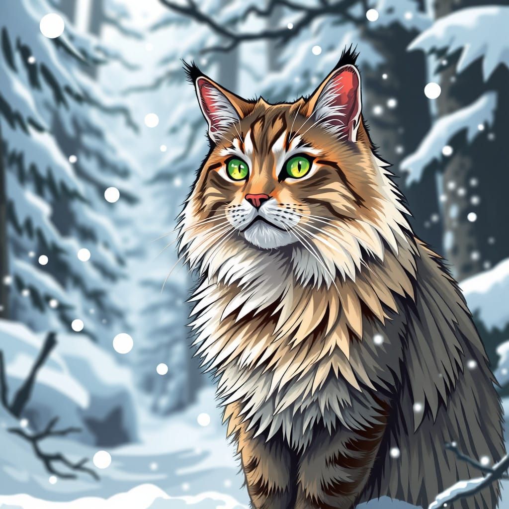 Majestic Norwegian Forest Cat in Snowy Forest