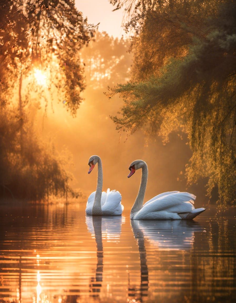 Swans in Golden Hour's Illuminated Glow