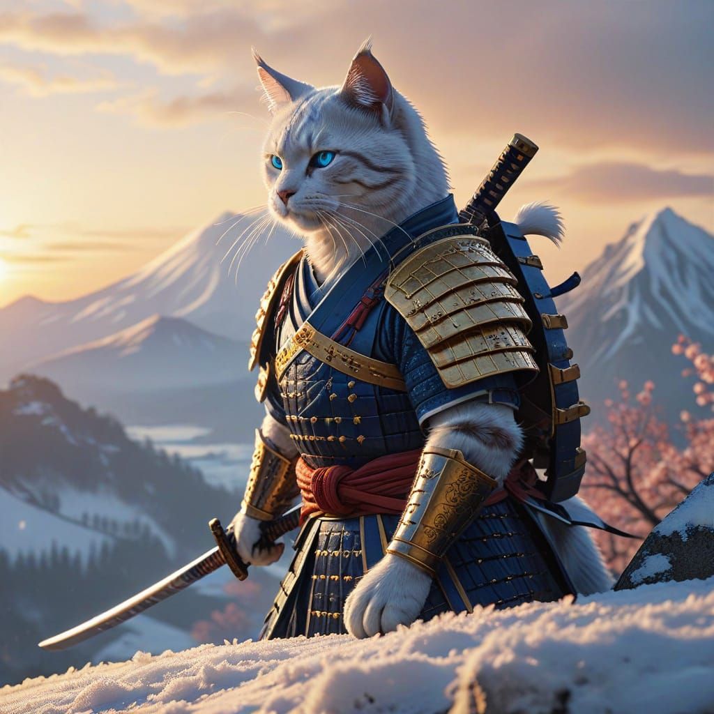 Mystical Cat Warrior Samurai Stands Vigilant on Snowy Mounta...