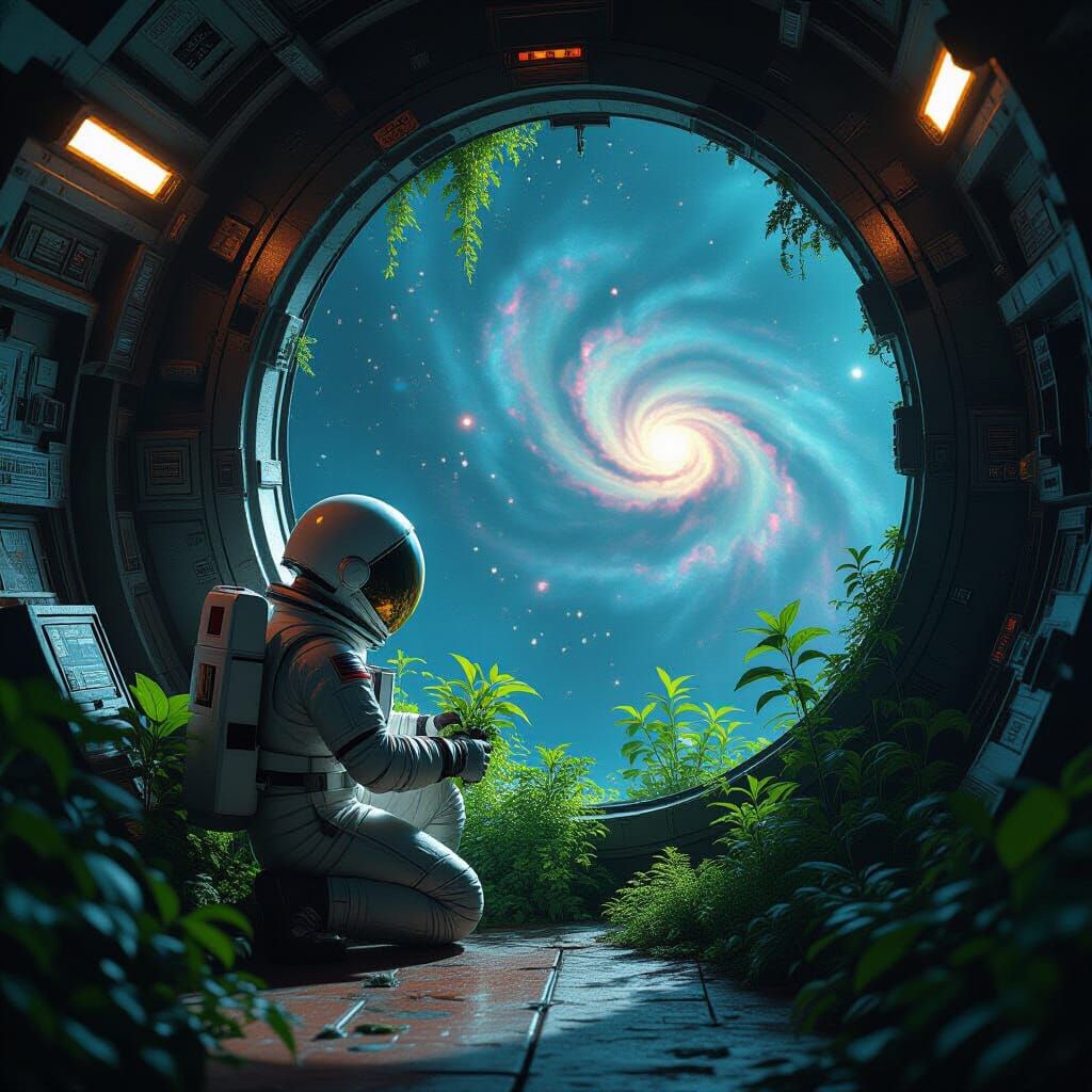 Astronaut Tends Garden in Derelict Spaceship Amidst Nebula