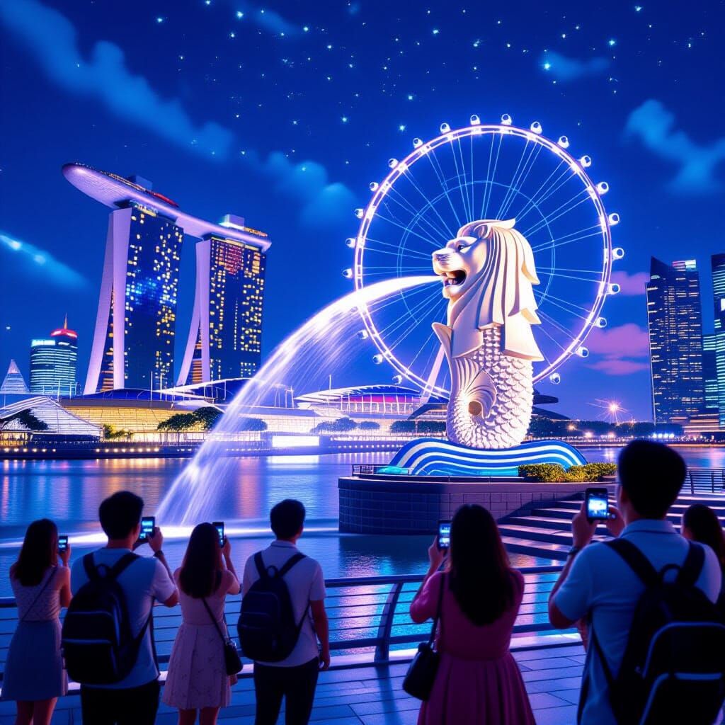 Singapore's Merlion Park at Night: A Futuristic Scene
