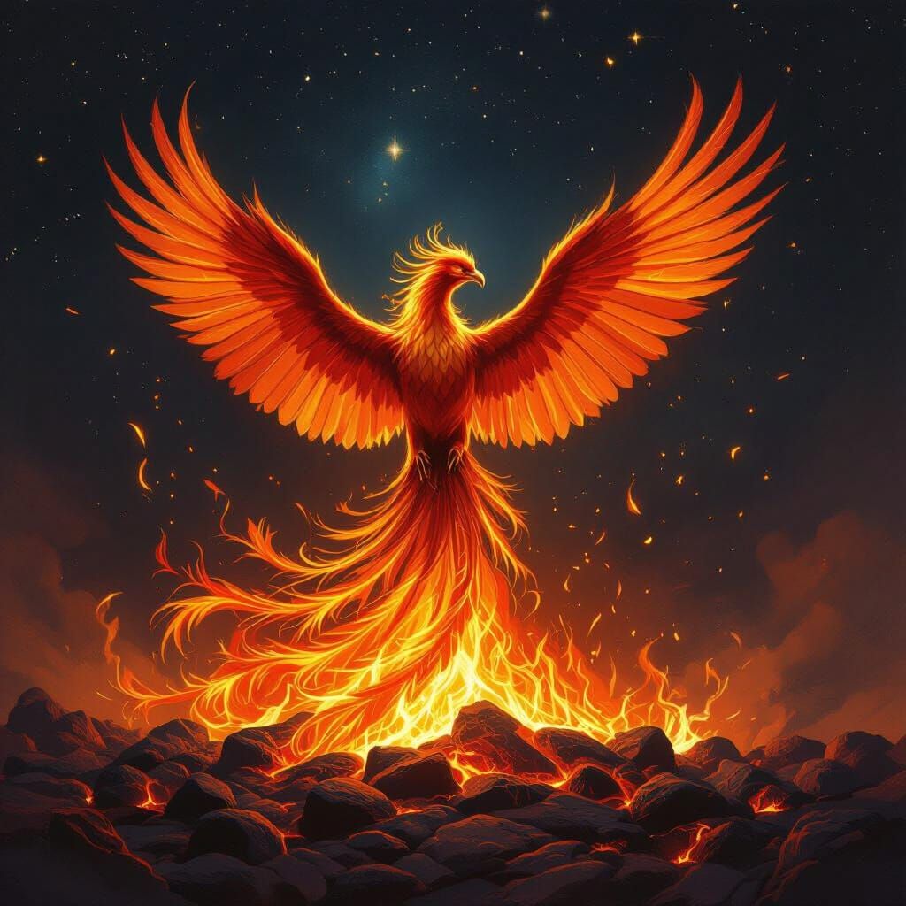 Majestic Phoenix Rises from Embers in Oil Painting Style