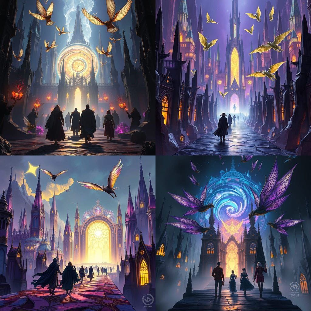 Surreal Cityscape Unfolds with Winged Beings and Mortals as...