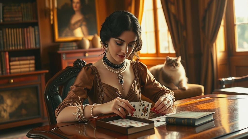 Elegant Victorian Lady Plays Solitaire in Luxurious Study