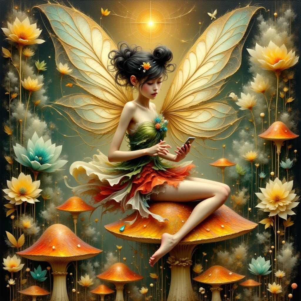 Magical Fairy with Klimt Wings on Toadstool