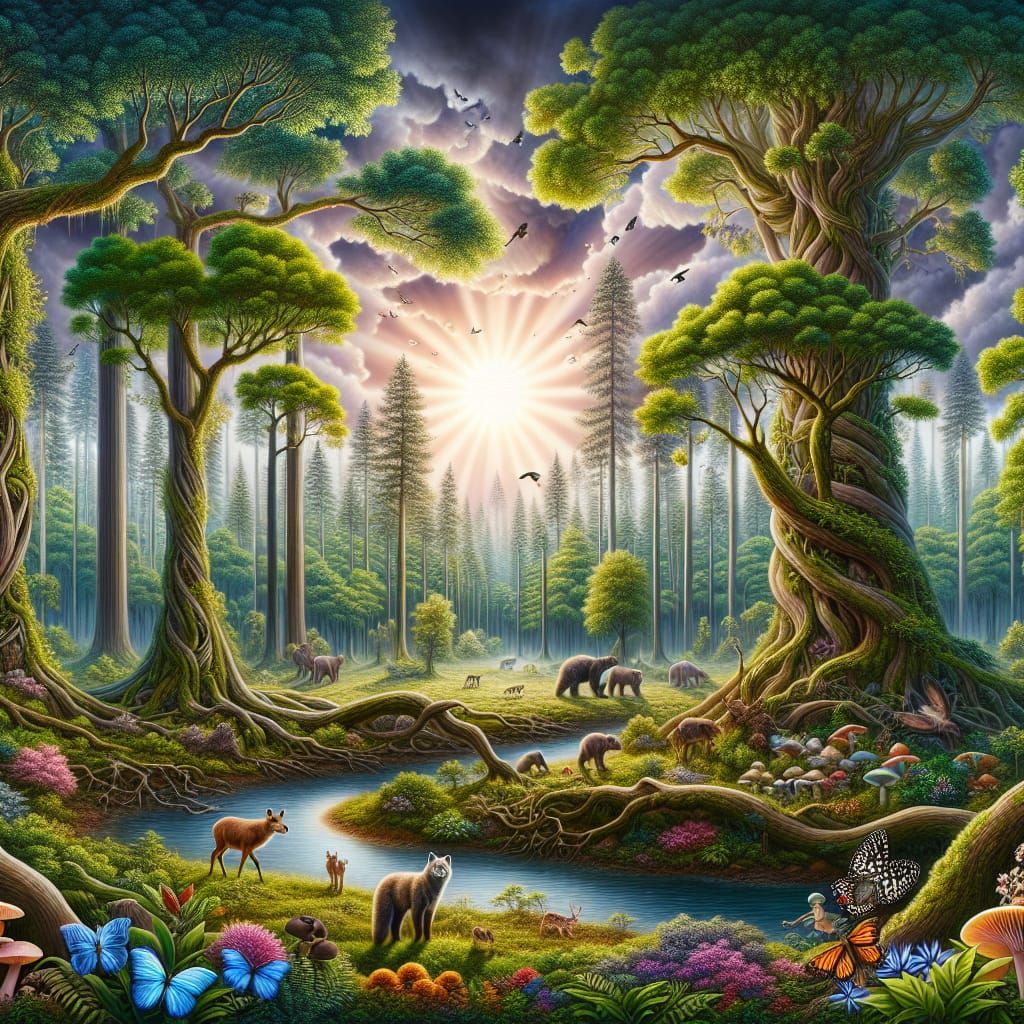 Lush Forest Ecosystem in Hyperdetailed Airbrush Art