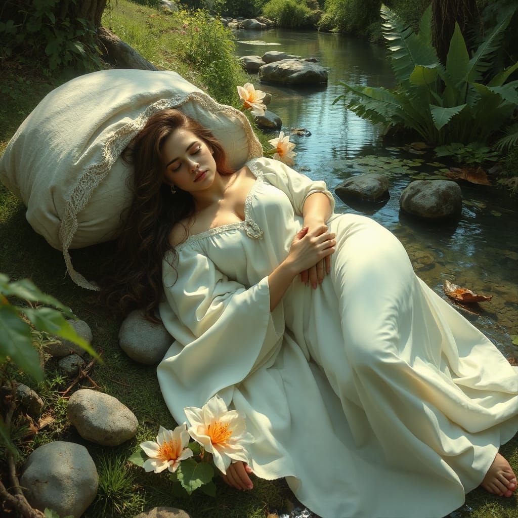 Serene Woman Sleeping by Stream in Art Nouveau Style