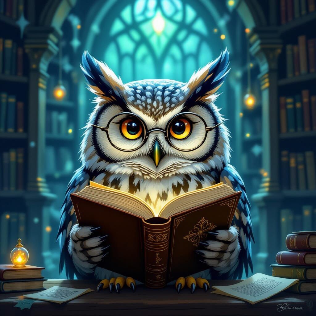 Wise Owl Scholar in Mystical Library