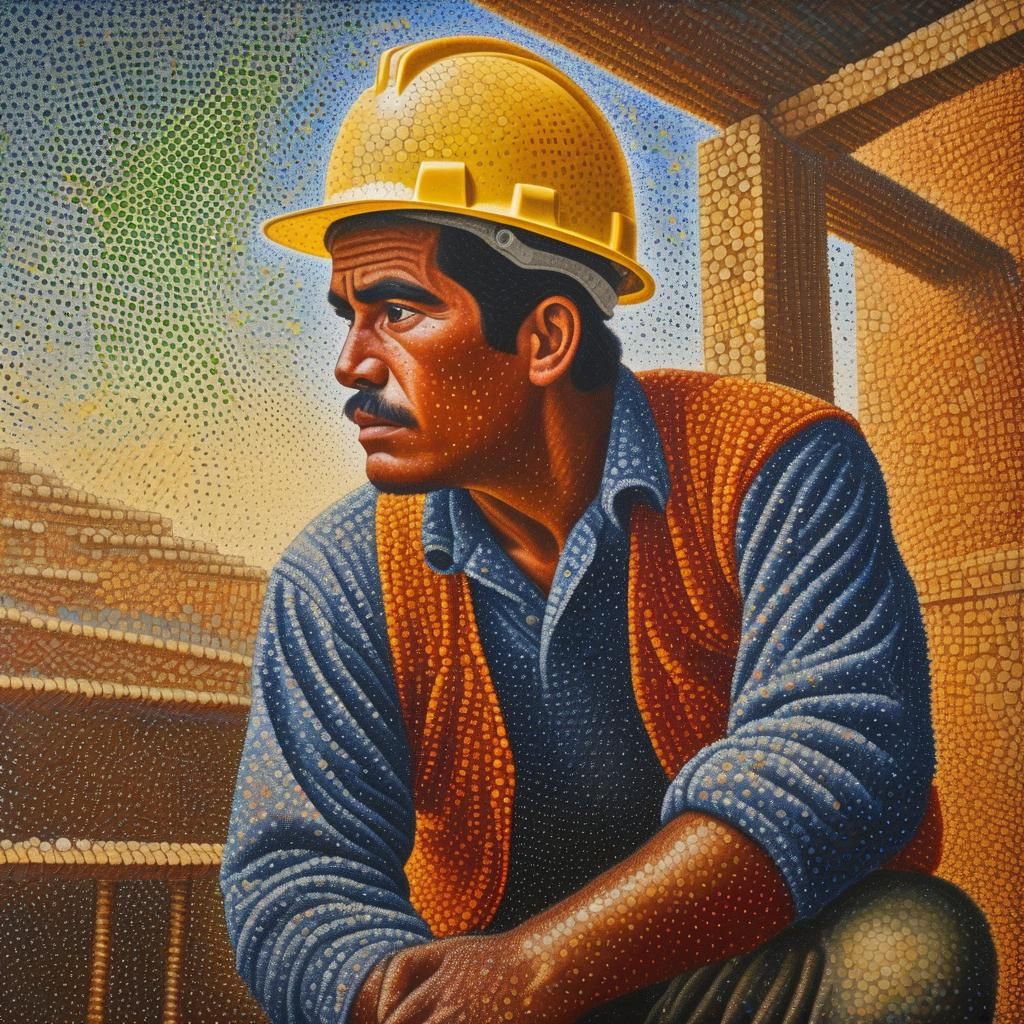 Pointillist Construction Worker in Unfinished Building