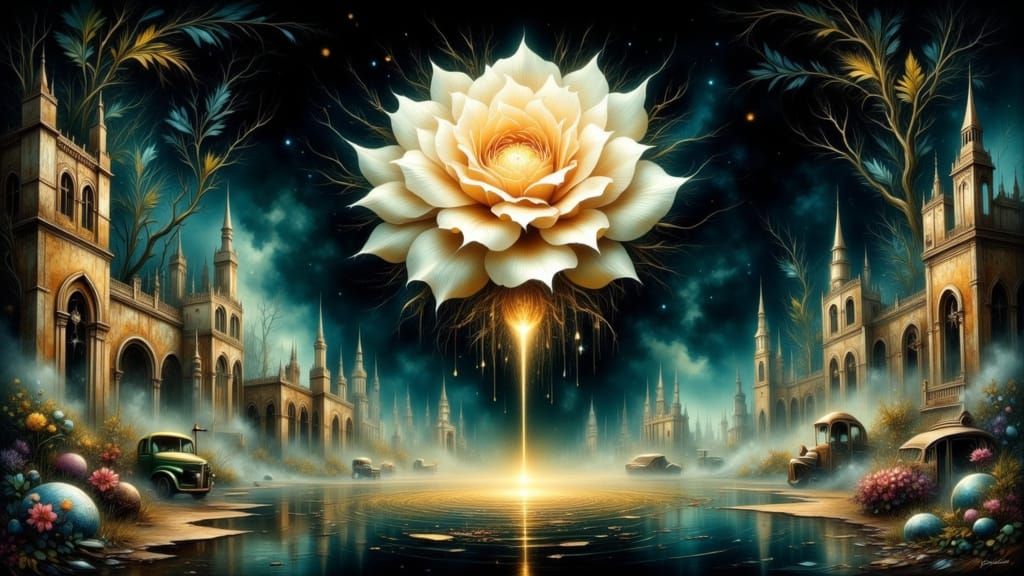 Ethereal Rose in Dark Void with Golden Tear