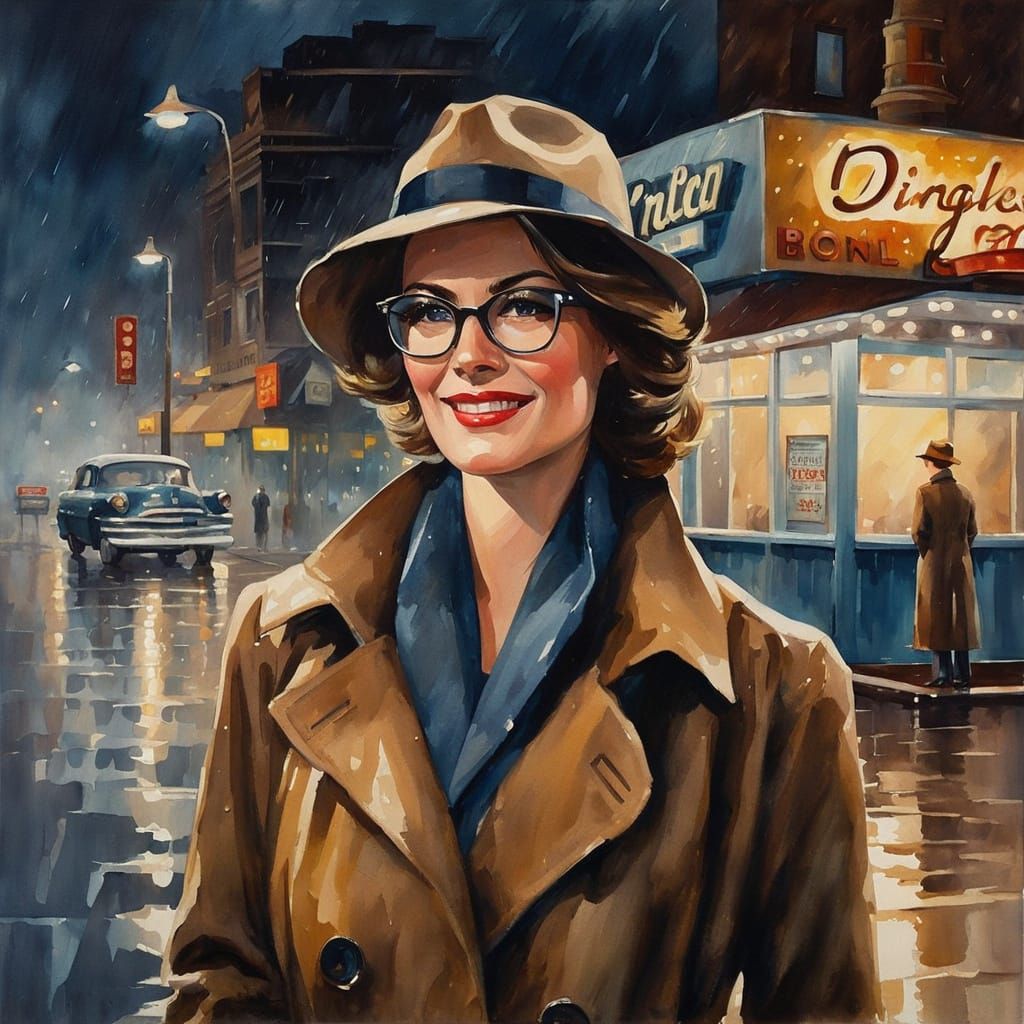 Woman in Rainy City Street, Impressionistic Watercolor