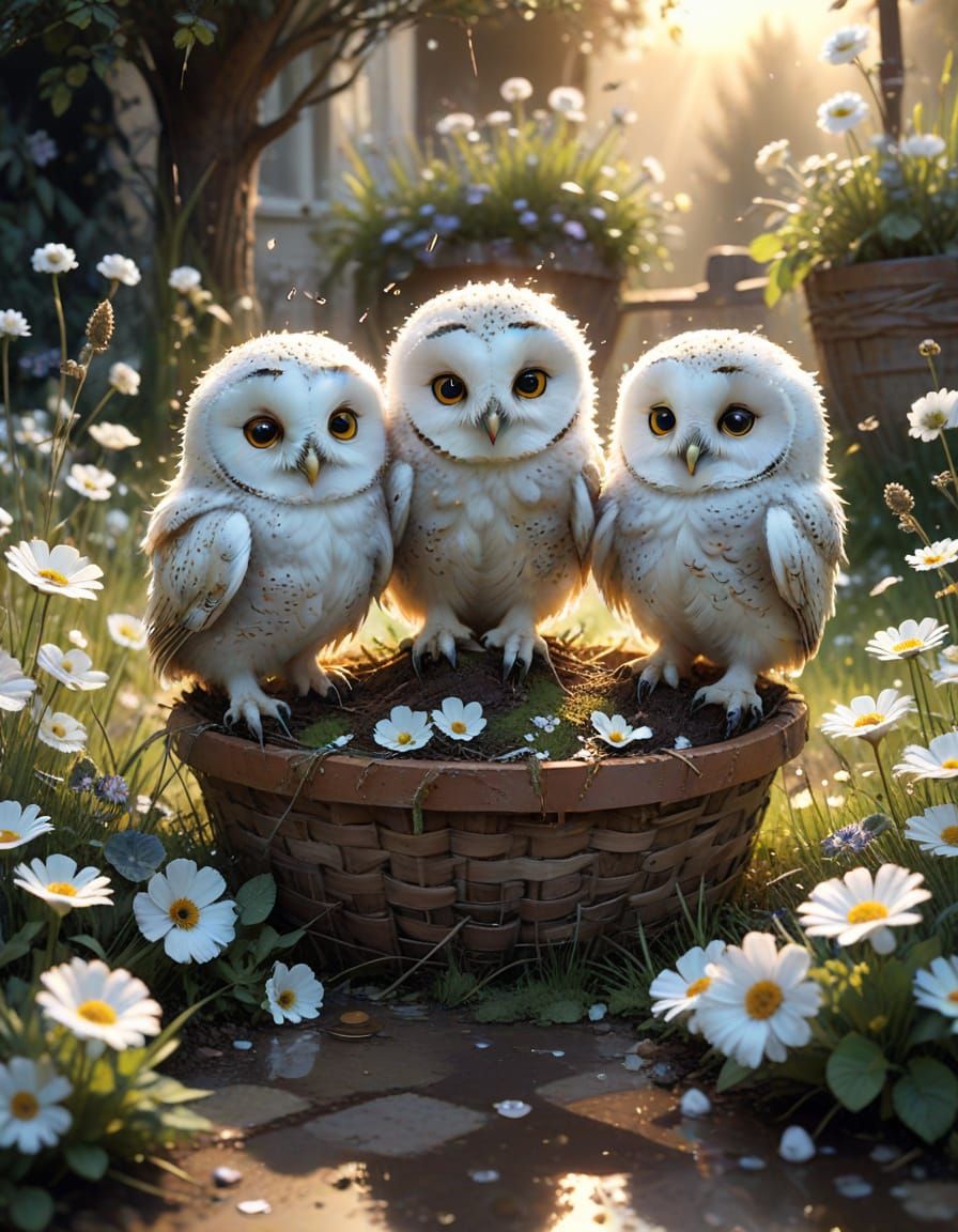 Cute Owlets in Garden, Watercolour Style
