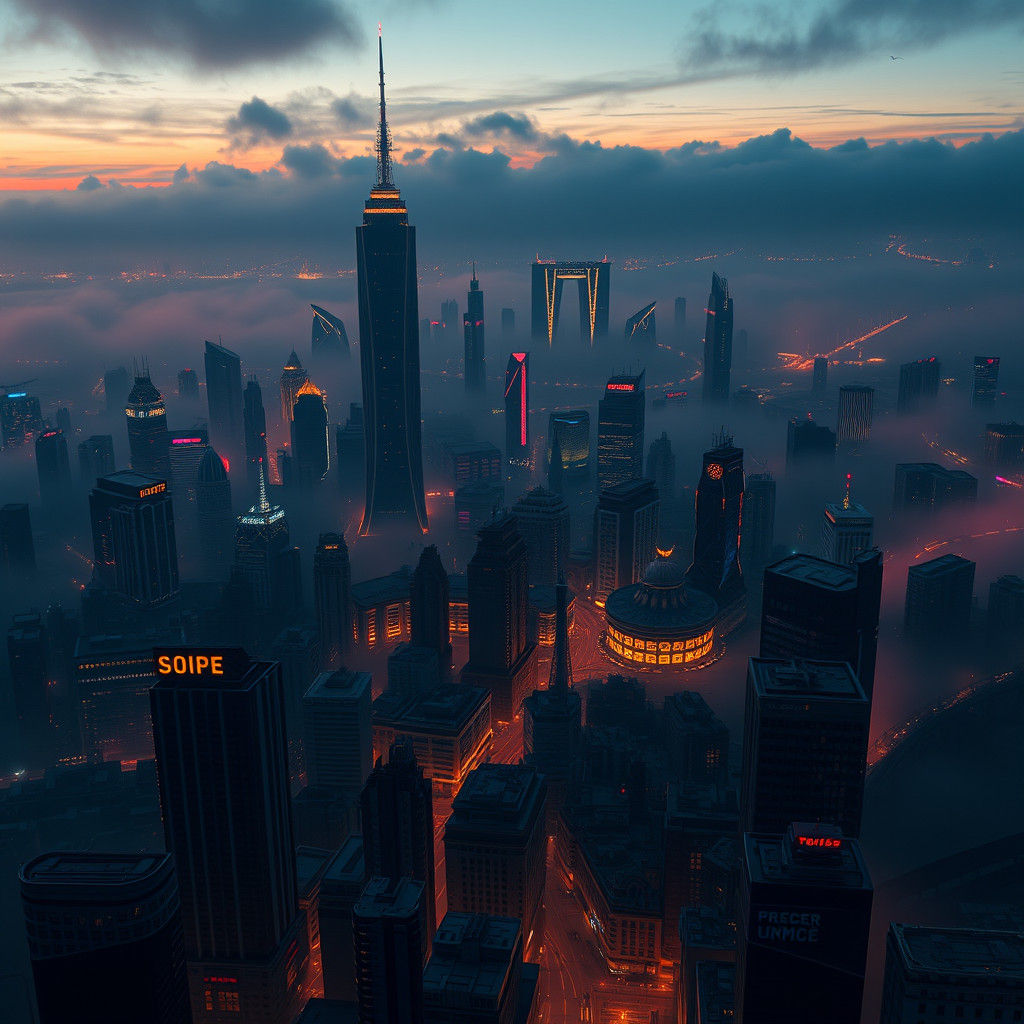 Metropolis at Dusk: Dreamlike Cityscape in Matte Painting