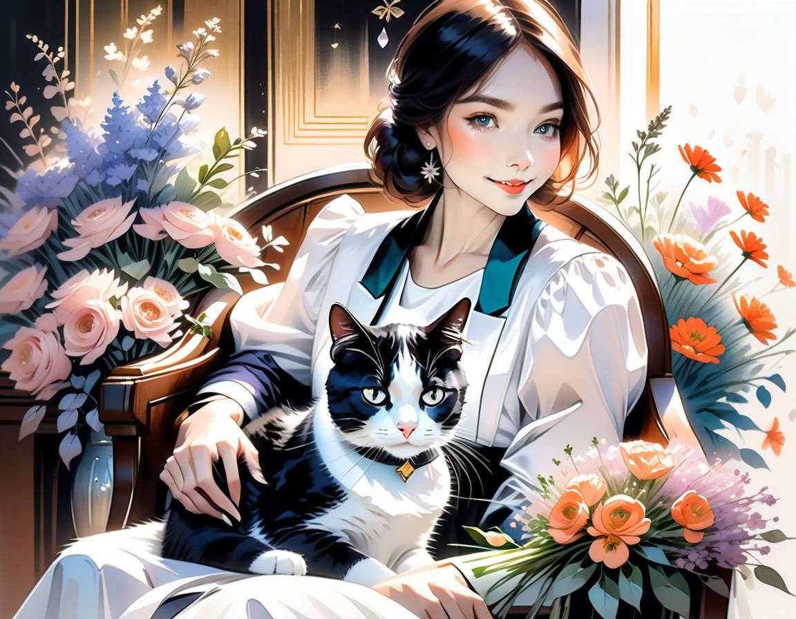 Tuxedo Cat on Lady's Lap: Watercolor Illustration