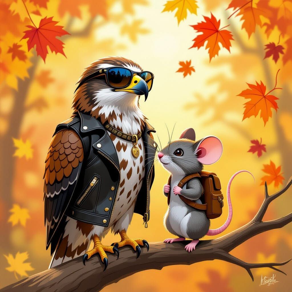 Hawk and Mouse Friends on Autumn Branch in Loish Style