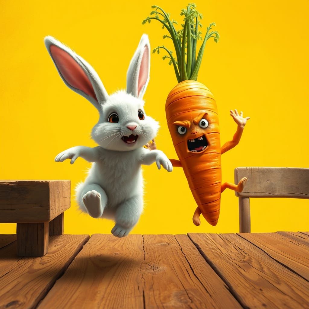 Fluffy Bunny Chases Carrot in Whimsical Sunny Landscape