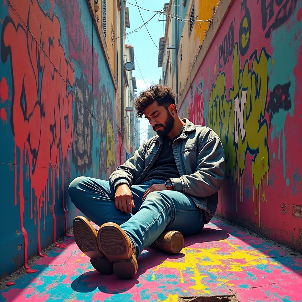 Relaxed Person Surrounded by Vibrant Graffiti Art
