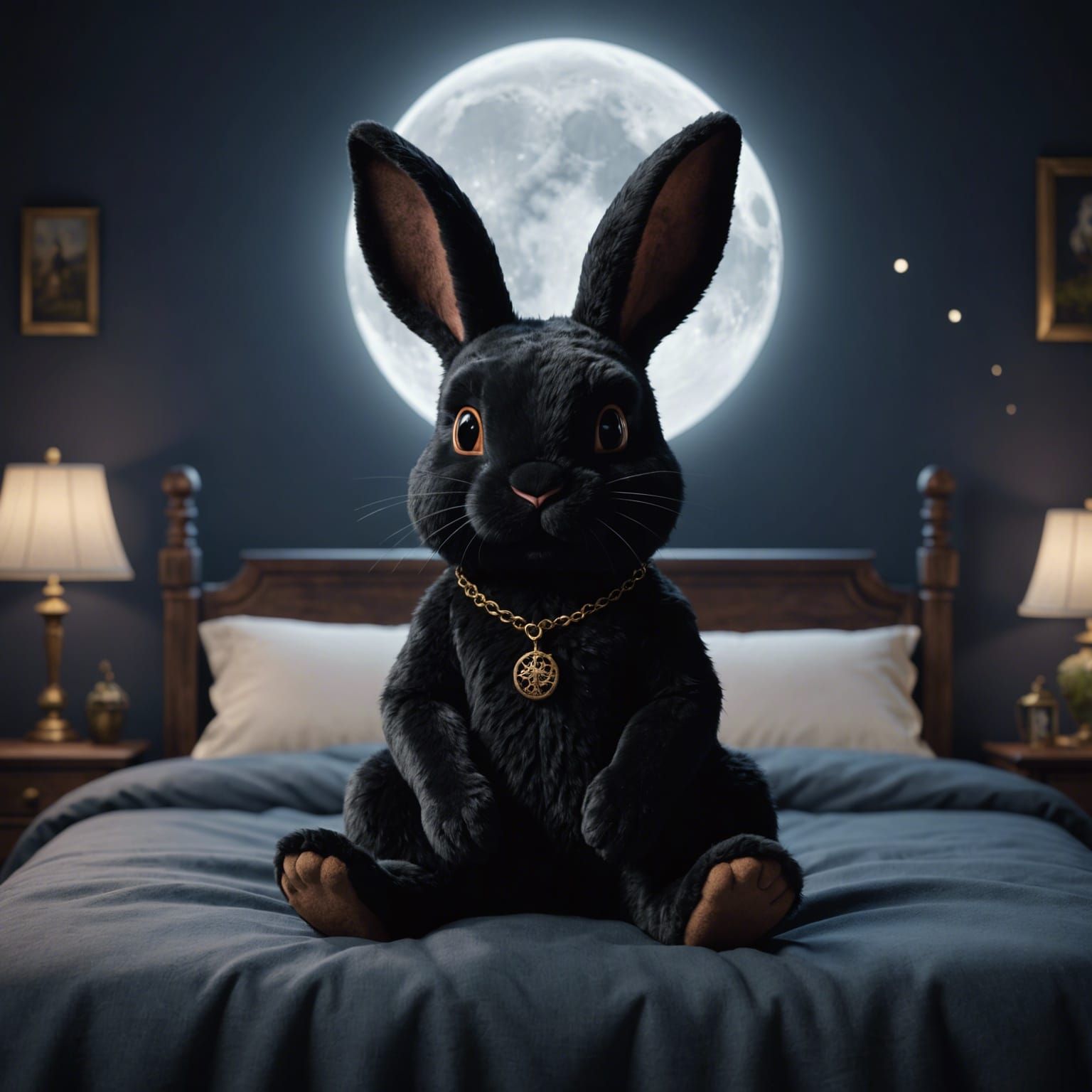 Black Stuffed Rabbit on Moon Bedding in Fantasy Art