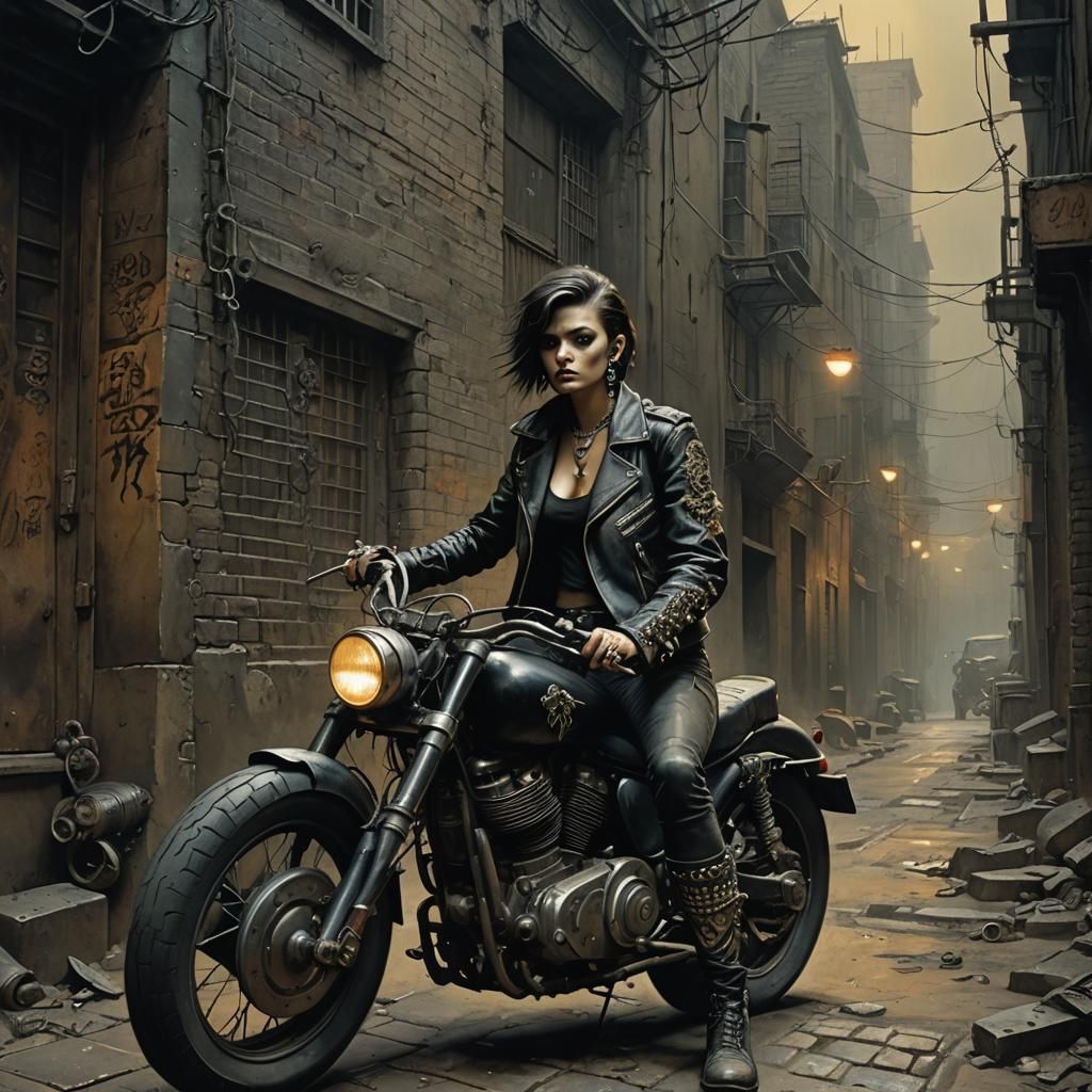Tattooed Woman on Motorbike in Dark Surrealist Style