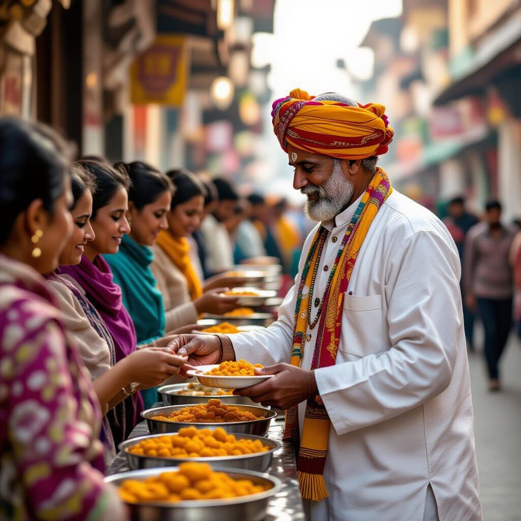 Rajasthani Man Serving Food in Street Scene
